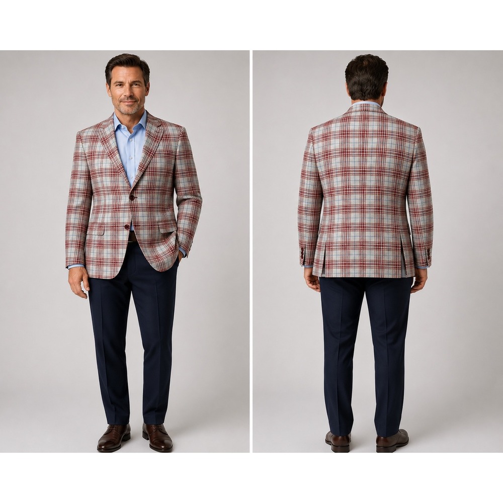 Vintage Mens Red Blue Plaid Double Knit Sport Coat Blazer 70s Retro 40R FLAW